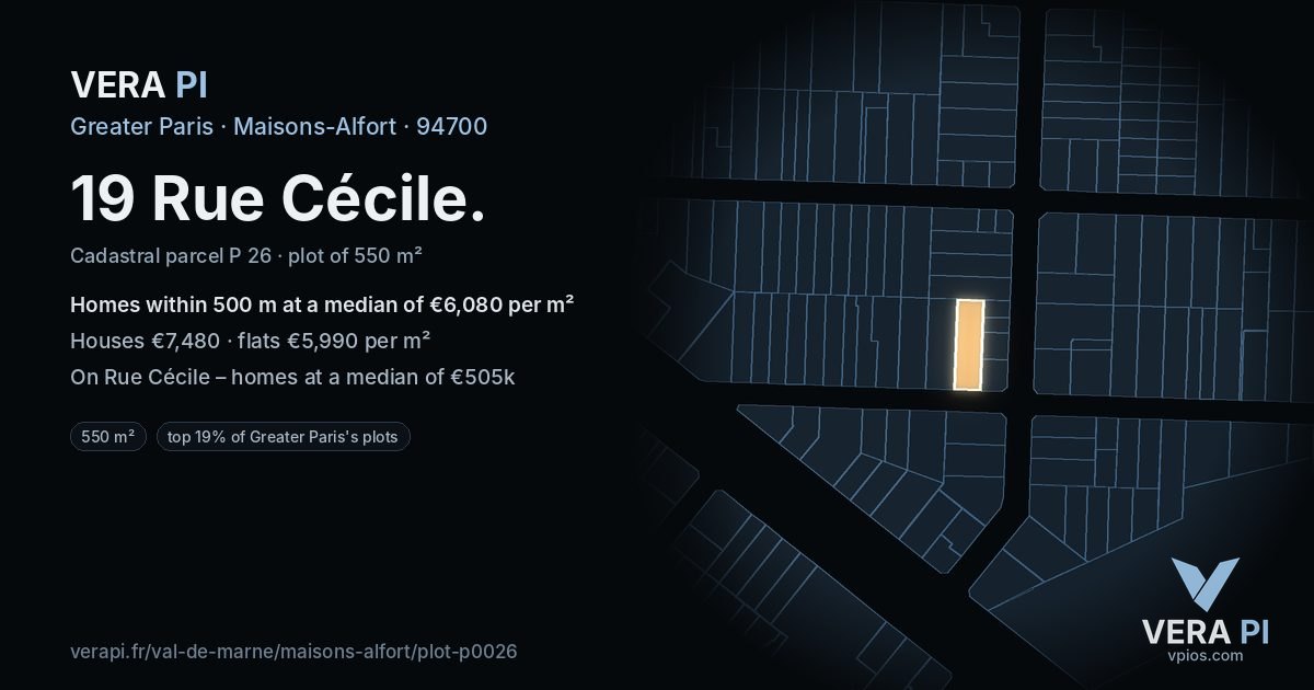 19 Rue Cécile, Maisons-Alfort at night – the plot lit, the parcels around coloured by the prices near them