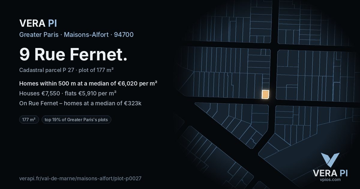 9 Rue Fernet, Maisons-Alfort at night – the plot lit, the parcels around coloured by the prices near them