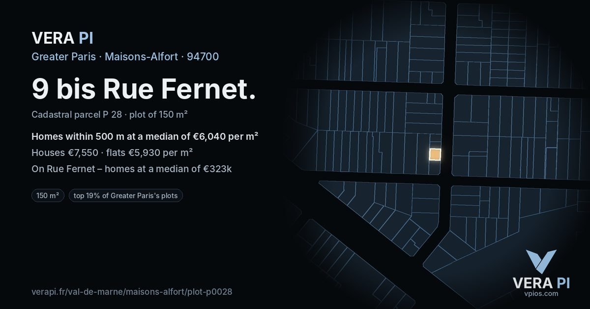 9 bis Rue Fernet, Maisons-Alfort at night – the plot lit, the parcels around coloured by the prices near them