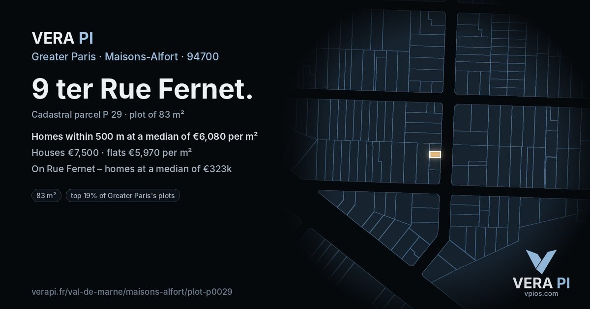 9 ter Rue Fernet, Maisons-Alfort at night – the plot lit, the parcels around coloured by the prices near them