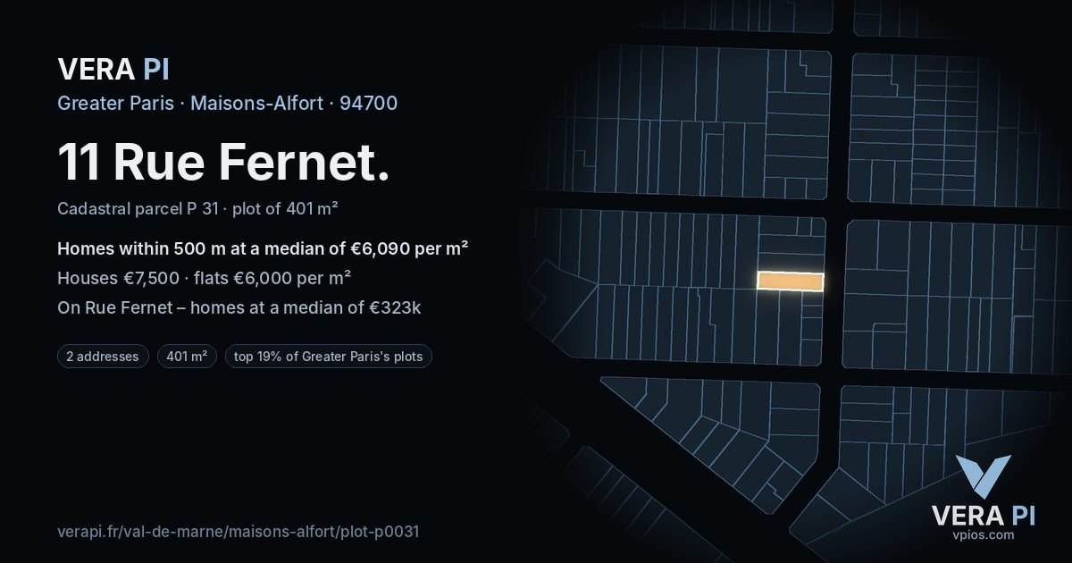 11 Rue Fernet, Maisons-Alfort at night – the plot lit, the parcels around coloured by the prices near them