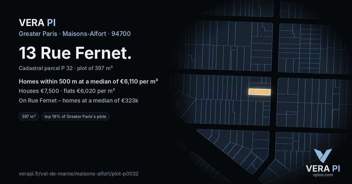 13 Rue Fernet, Maisons-Alfort at night – the plot lit, the parcels around coloured by the prices near them