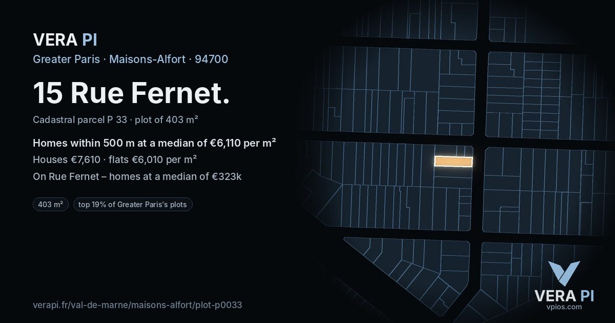 15 Rue Fernet, Maisons-Alfort at night – the plot lit, the parcels around coloured by the prices near them
