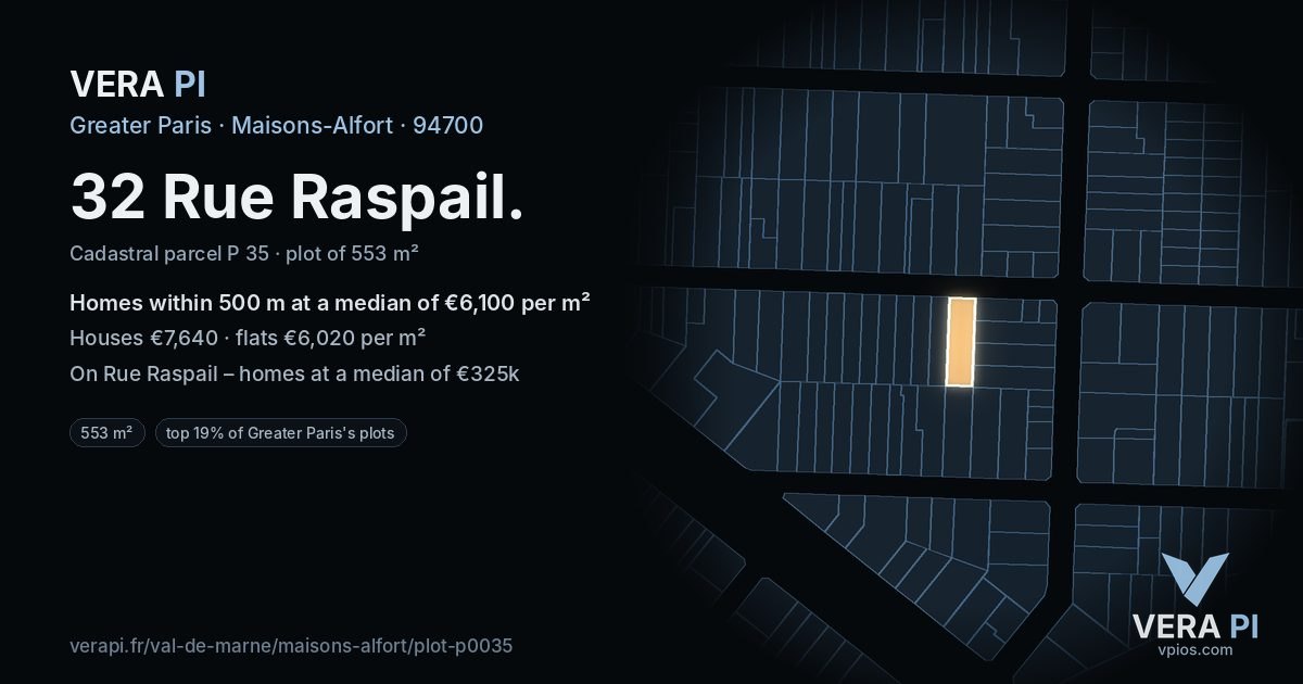 32 Rue Raspail, Maisons-Alfort at night – the plot lit, the parcels around coloured by the prices near them