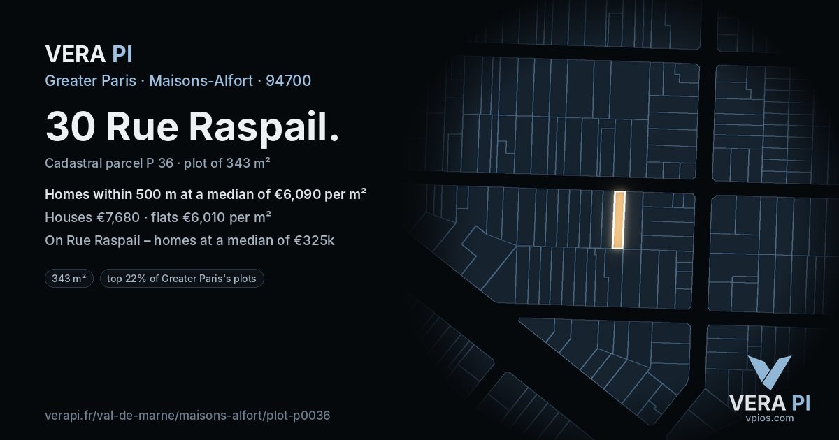 30 Rue Raspail, Maisons-Alfort at night – the plot lit, the parcels around coloured by the prices near them