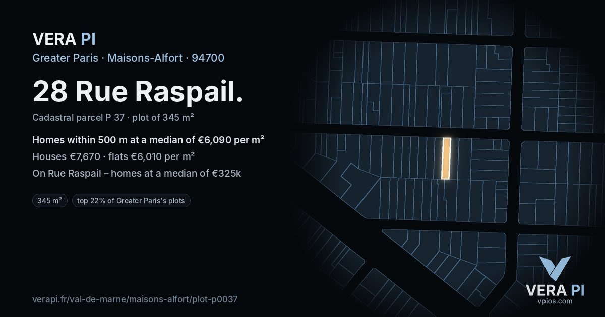28 Rue Raspail, Maisons-Alfort at night – the plot lit, the parcels around coloured by the prices near them