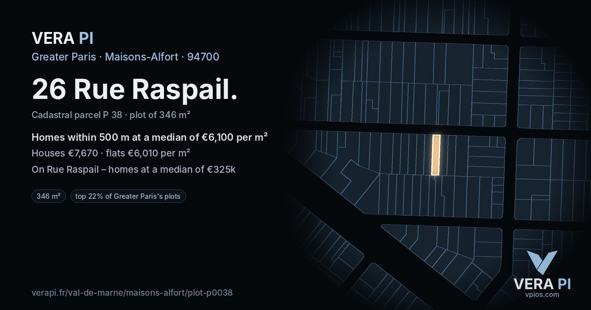 26 Rue Raspail, Maisons-Alfort at night – the plot lit, the parcels around coloured by the prices near them