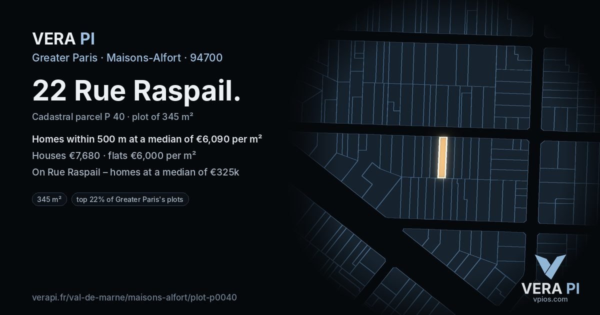 22 Rue Raspail, Maisons-Alfort at night – the plot lit, the parcels around coloured by the prices near them