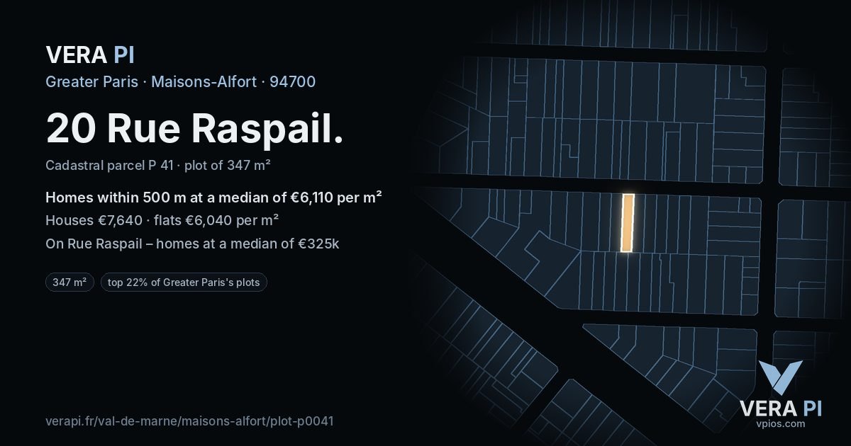 20 Rue Raspail, Maisons-Alfort at night – the plot lit, the parcels around coloured by the prices near them
