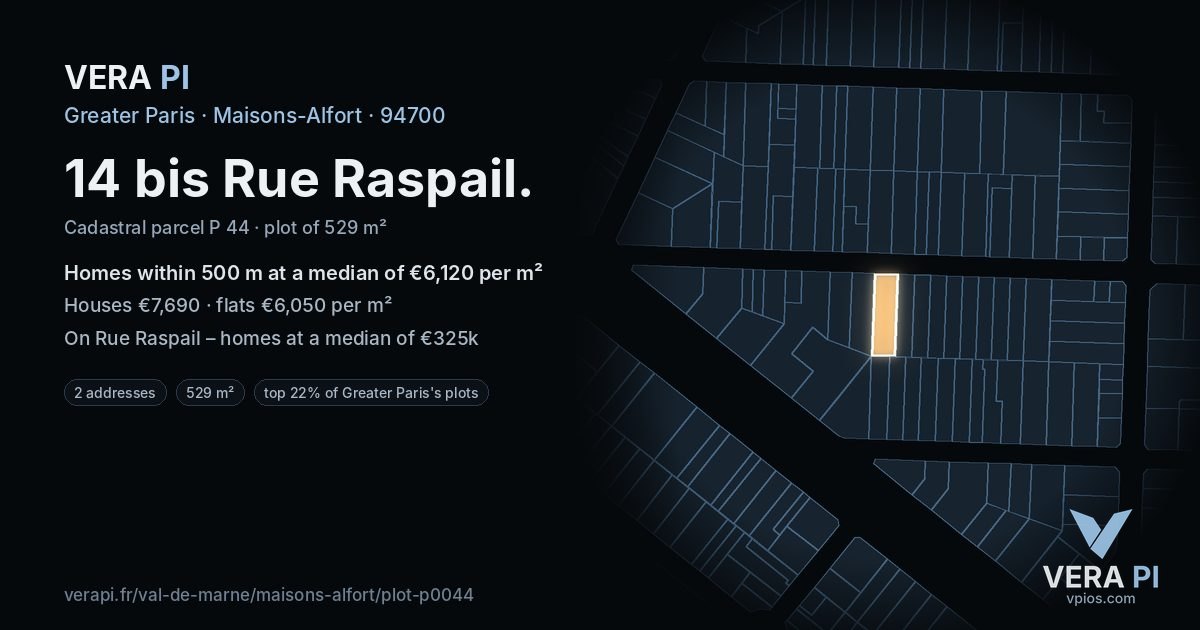14 bis Rue Raspail, Maisons-Alfort at night – the plot lit, the parcels around coloured by the prices near them