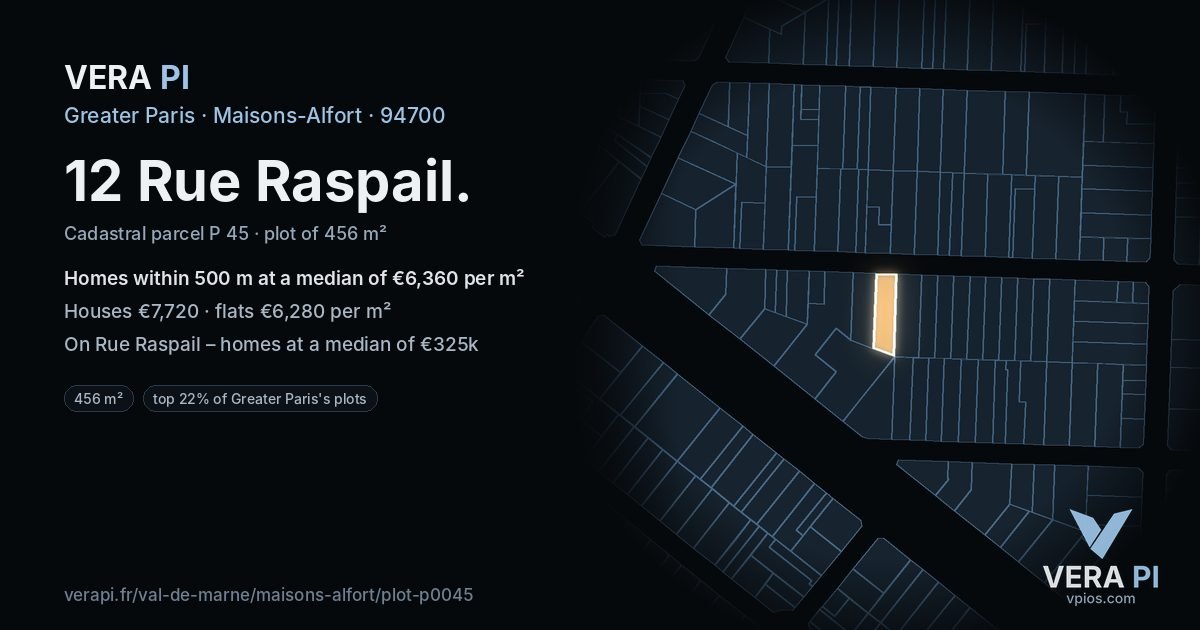 12 Rue Raspail, Maisons-Alfort at night – the plot lit, the parcels around coloured by the prices near them