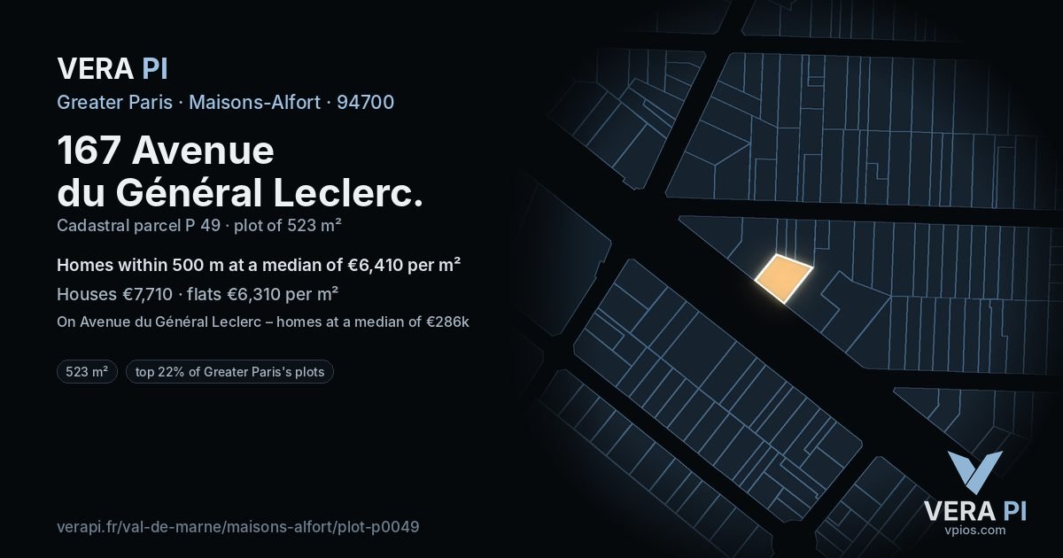 167 Avenue du Général Leclerc, Maisons-Alfort at night – the plot lit, the parcels around coloured by the prices near them