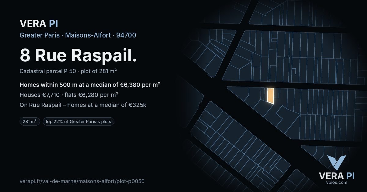 8 Rue Raspail, Maisons-Alfort at night – the plot lit, the parcels around coloured by the prices near them