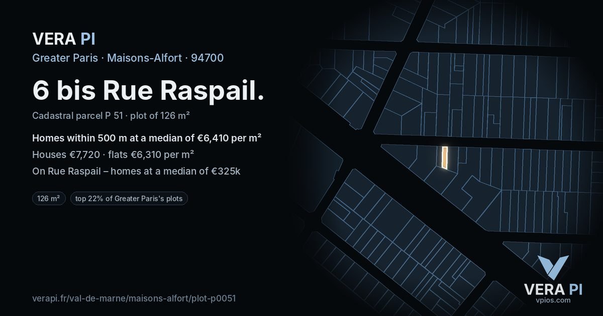 6 bis Rue Raspail, Maisons-Alfort at night – the plot lit, the parcels around coloured by the prices near them