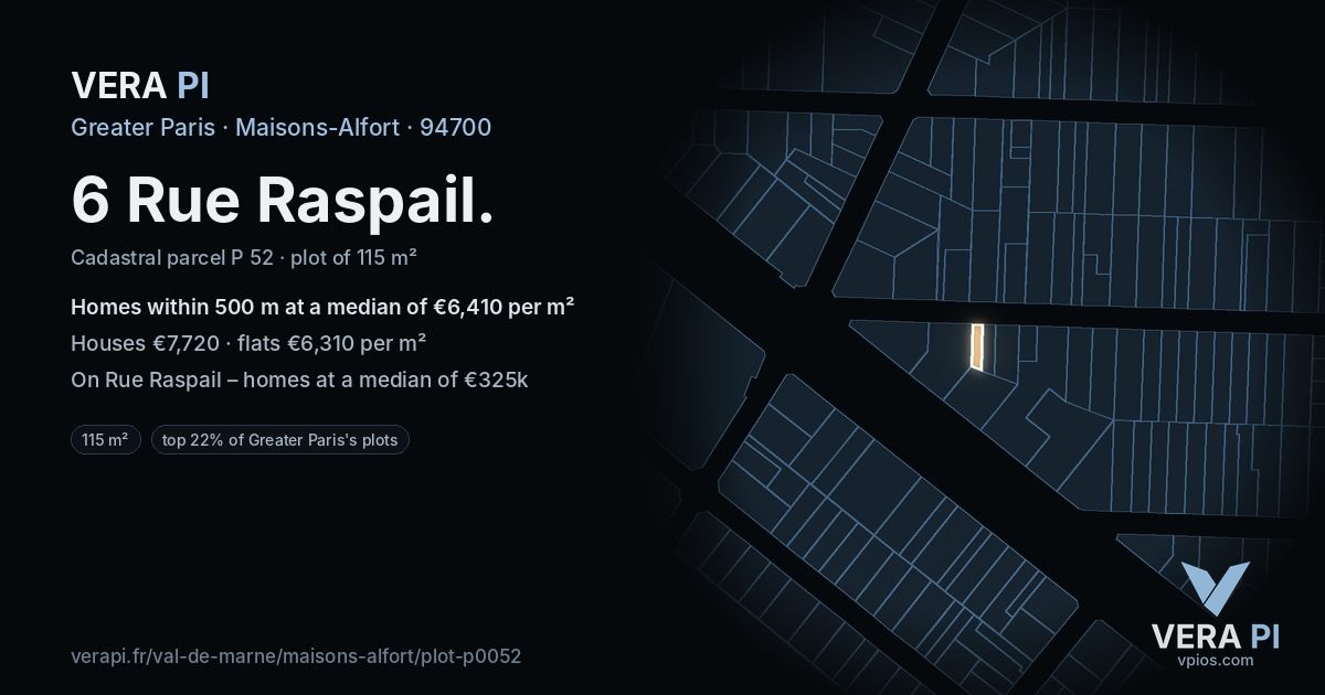 6 Rue Raspail, Maisons-Alfort at night – the plot lit, the parcels around coloured by the prices near them