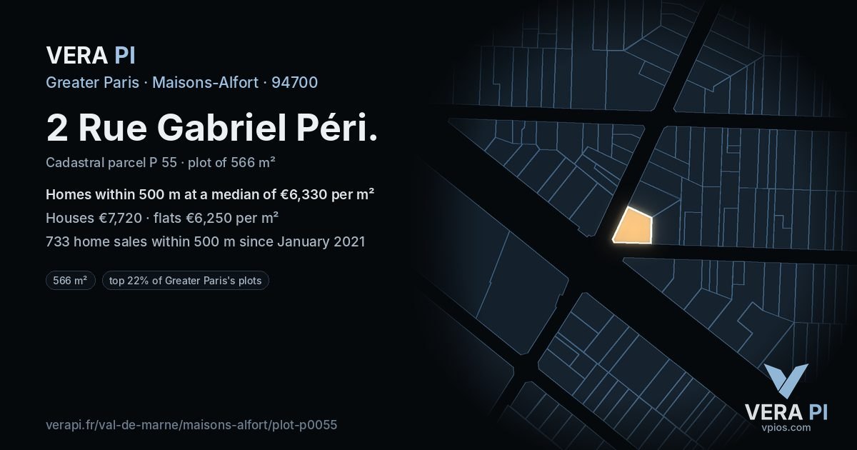 2 Rue Gabriel Péri, Maisons-Alfort at night – the plot lit, the parcels around coloured by the prices near them