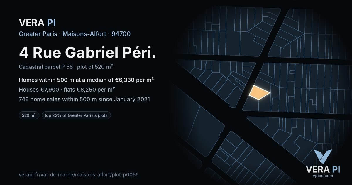4 Rue Gabriel Péri, Maisons-Alfort at night – the plot lit, the parcels around coloured by the prices near them