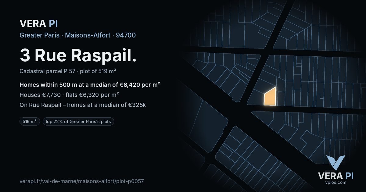3 Rue Raspail, Maisons-Alfort at night – the plot lit, the parcels around coloured by the prices near them