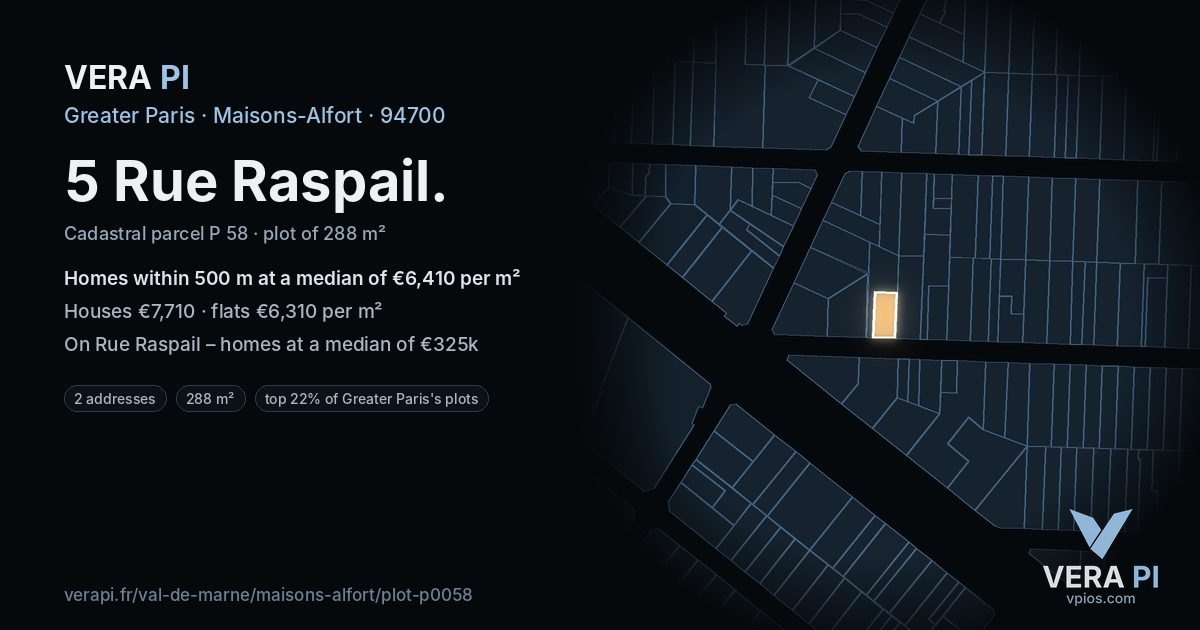 5 Rue Raspail, Maisons-Alfort at night – the plot lit, the parcels around coloured by the prices near them