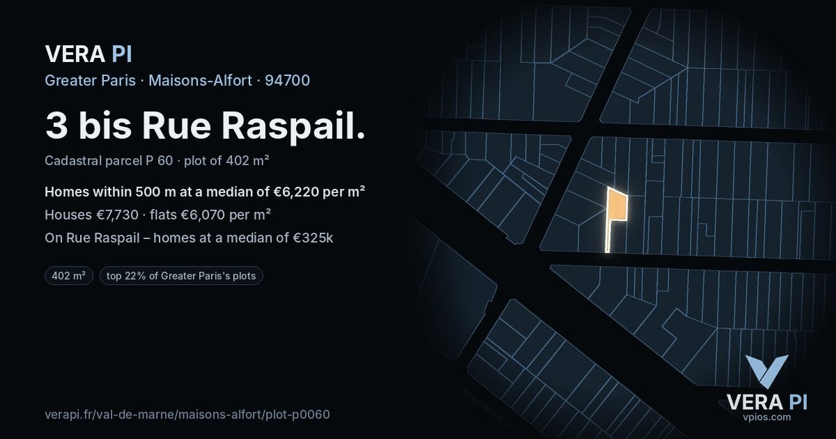 3 bis Rue Raspail, Maisons-Alfort at night – the plot lit, the parcels around coloured by the prices near them