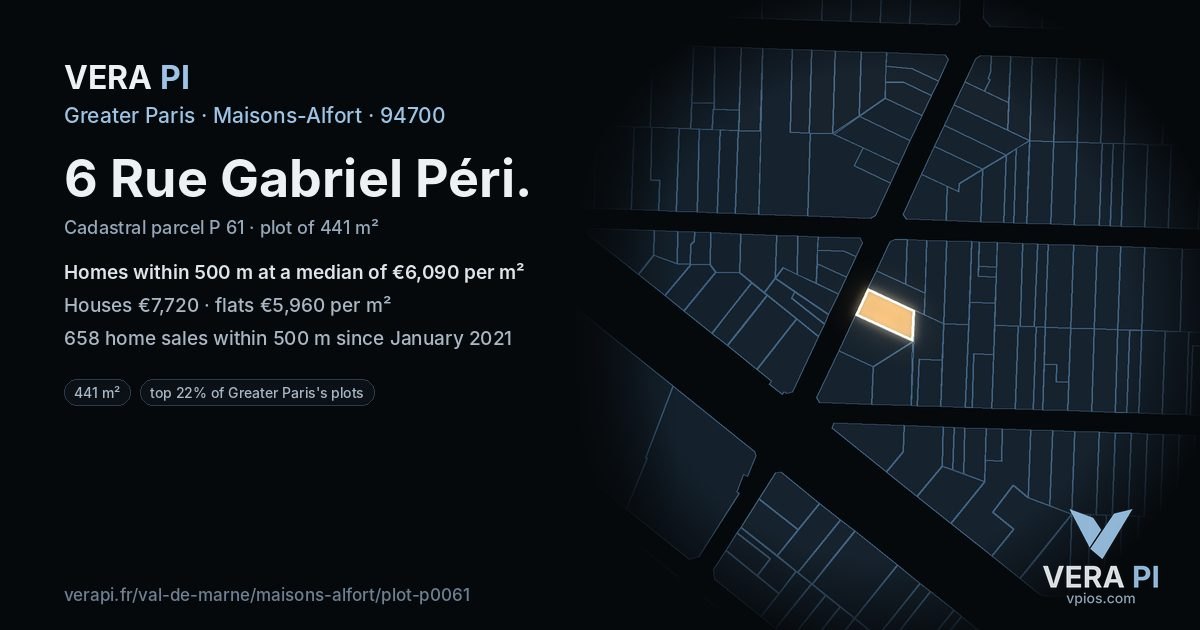 6 Rue Gabriel Péri, Maisons-Alfort at night – the plot lit, the parcels around coloured by the prices near them