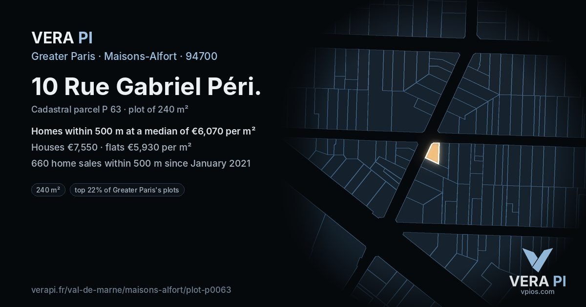 10 Rue Gabriel Péri, Maisons-Alfort at night – the plot lit, the parcels around coloured by the prices near them
