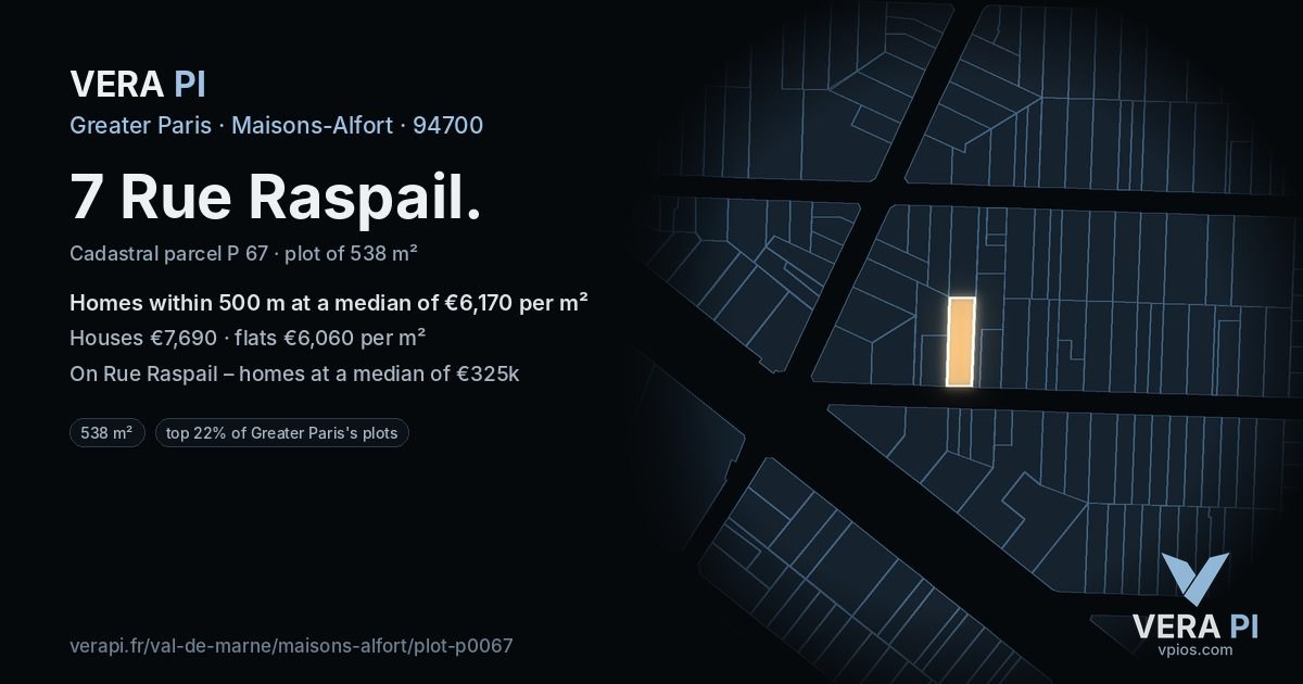 7 Rue Raspail, Maisons-Alfort at night – the plot lit, the parcels around coloured by the prices near them
