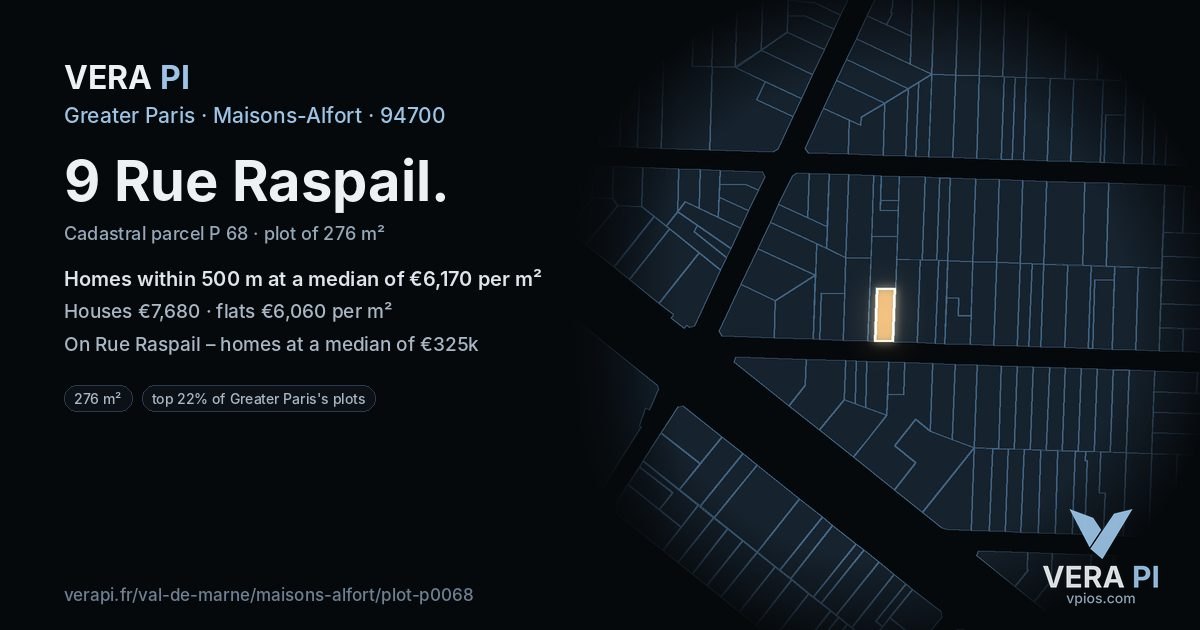 9 Rue Raspail, Maisons-Alfort at night – the plot lit, the parcels around coloured by the prices near them