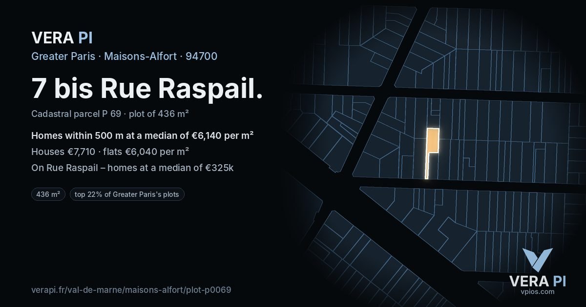 7 bis Rue Raspail, Maisons-Alfort at night – the plot lit, the parcels around coloured by the prices near them