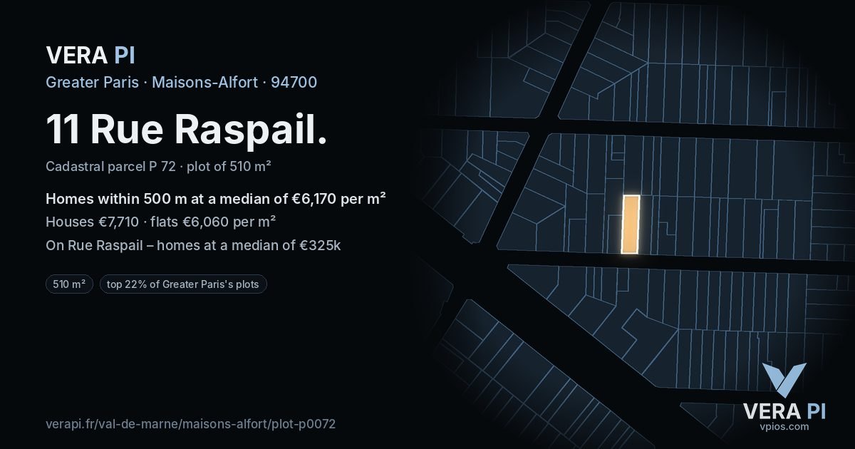 11 Rue Raspail, Maisons-Alfort at night – the plot lit, the parcels around coloured by the prices near them