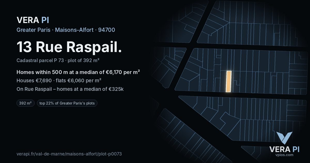 13 Rue Raspail, Maisons-Alfort at night – the plot lit, the parcels around coloured by the prices near them