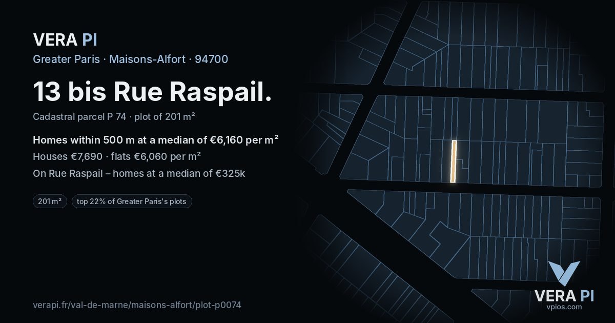 13 bis Rue Raspail, Maisons-Alfort at night – the plot lit, the parcels around coloured by the prices near them
