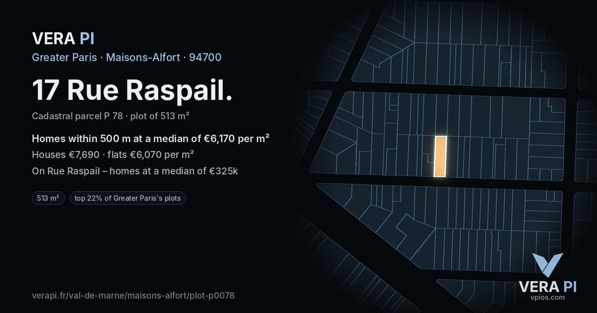 17 Rue Raspail, Maisons-Alfort at night – the plot lit, the parcels around coloured by the prices near them