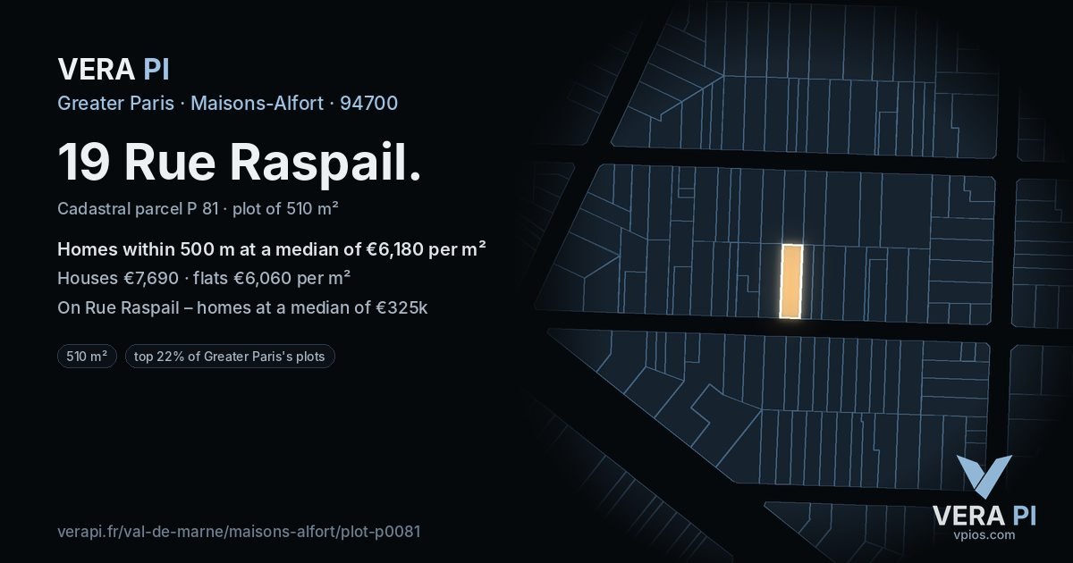 19 Rue Raspail, Maisons-Alfort at night – the plot lit, the parcels around coloured by the prices near them