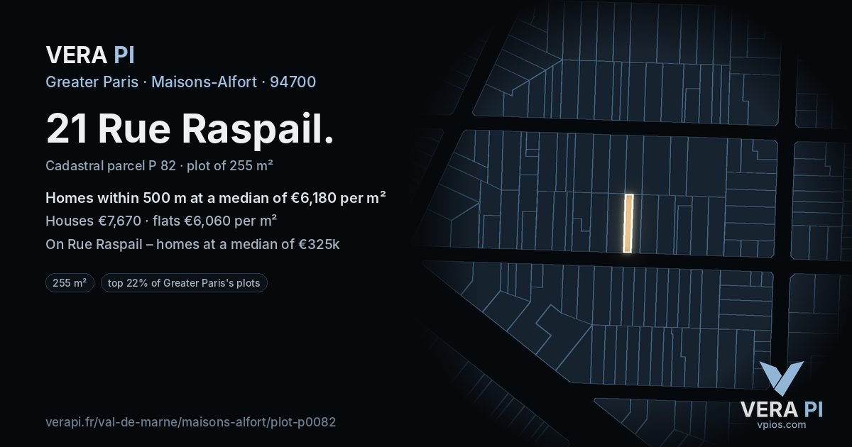 21 Rue Raspail, Maisons-Alfort at night – the plot lit, the parcels around coloured by the prices near them