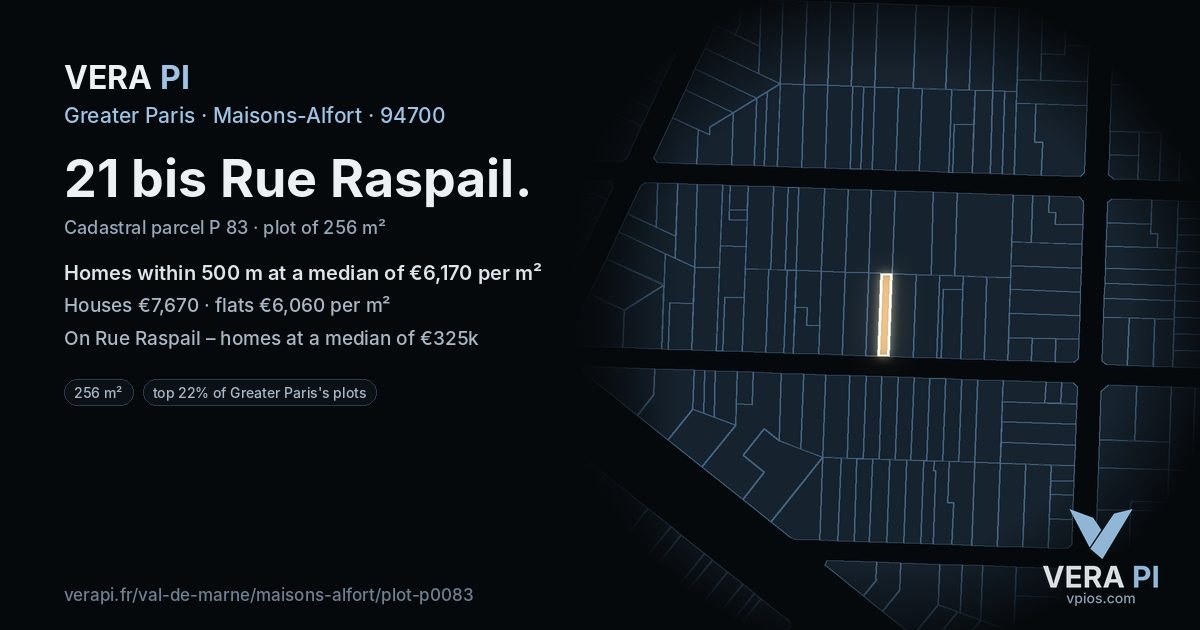 21 bis Rue Raspail, Maisons-Alfort at night – the plot lit, the parcels around coloured by the prices near them