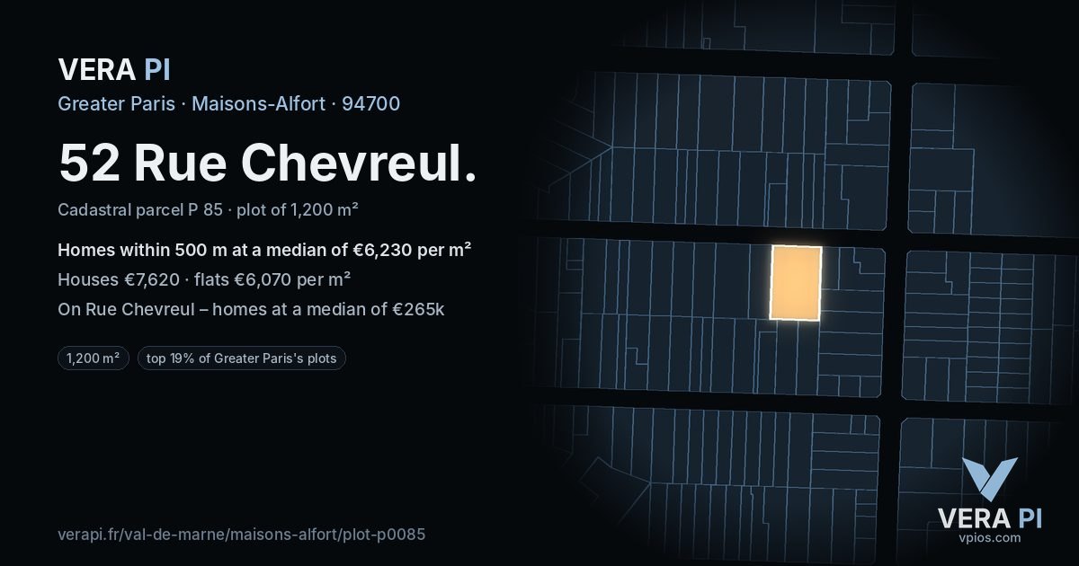 52 Rue Chevreul, Maisons-Alfort at night – the plot lit, the parcels around coloured by the prices near them