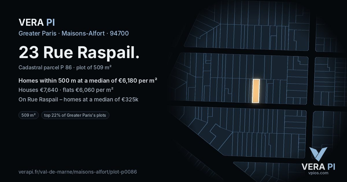 23 Rue Raspail, Maisons-Alfort at night – the plot lit, the parcels around coloured by the prices near them