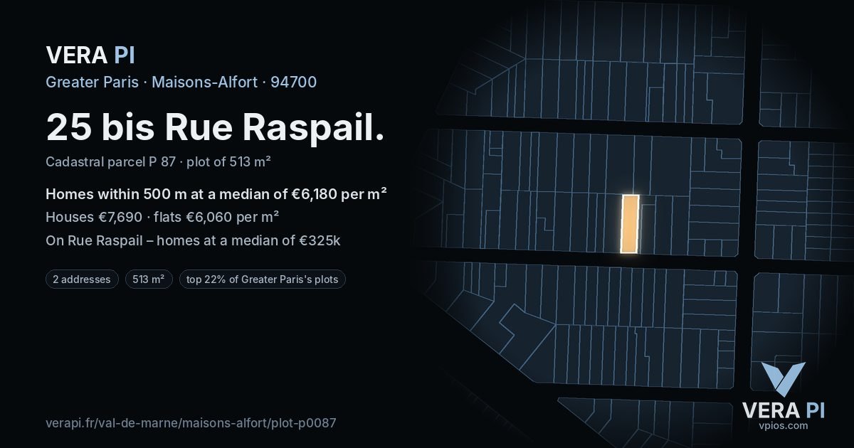 25 bis Rue Raspail, Maisons-Alfort at night – the plot lit, the parcels around coloured by the prices near them