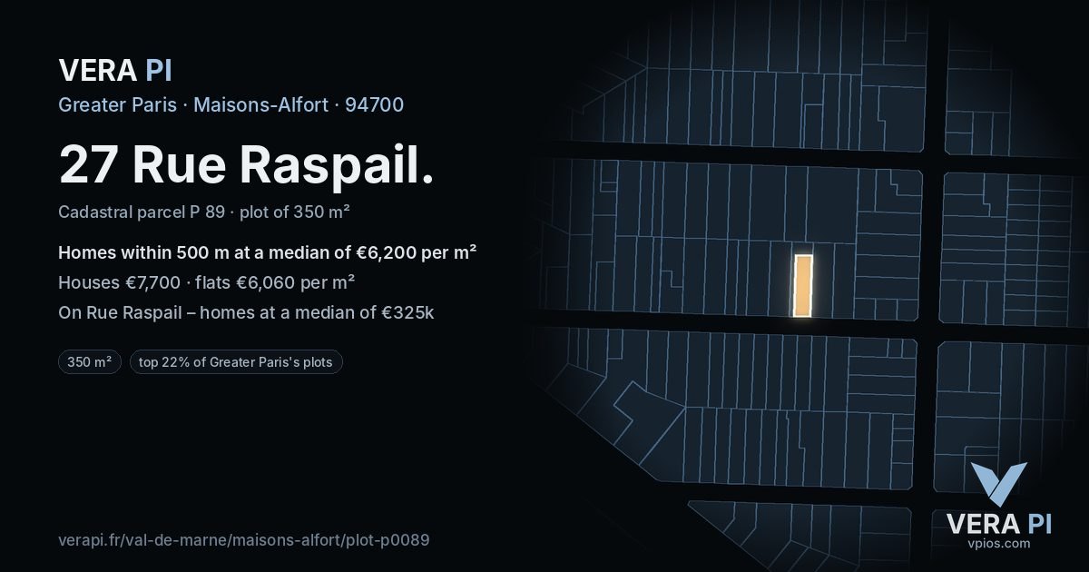 27 Rue Raspail, Maisons-Alfort at night – the plot lit, the parcels around coloured by the prices near them
