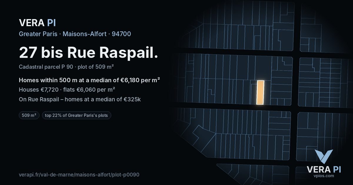27 bis Rue Raspail, Maisons-Alfort at night – the plot lit, the parcels around coloured by the prices near them
