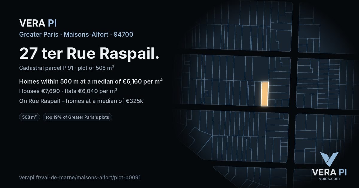 27 ter Rue Raspail, Maisons-Alfort at night – the plot lit, the parcels around coloured by the prices near them