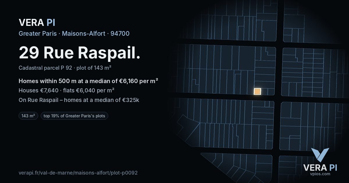 29 Rue Raspail, Maisons-Alfort at night – the plot lit, the parcels around coloured by the prices near them