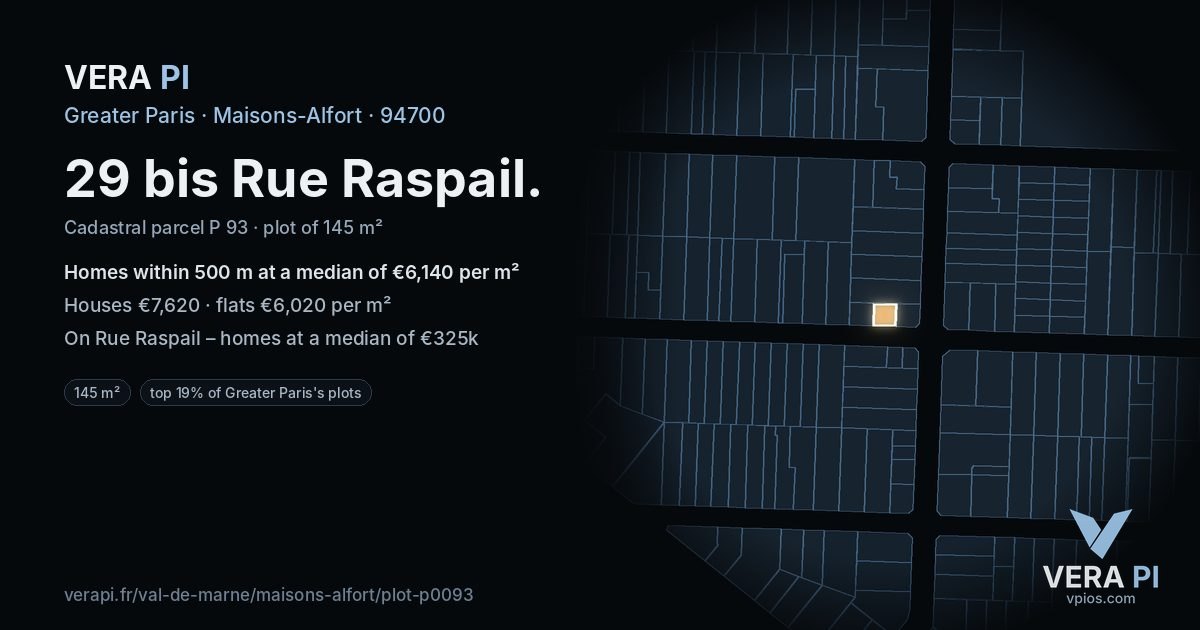 29 bis Rue Raspail, Maisons-Alfort at night – the plot lit, the parcels around coloured by the prices near them