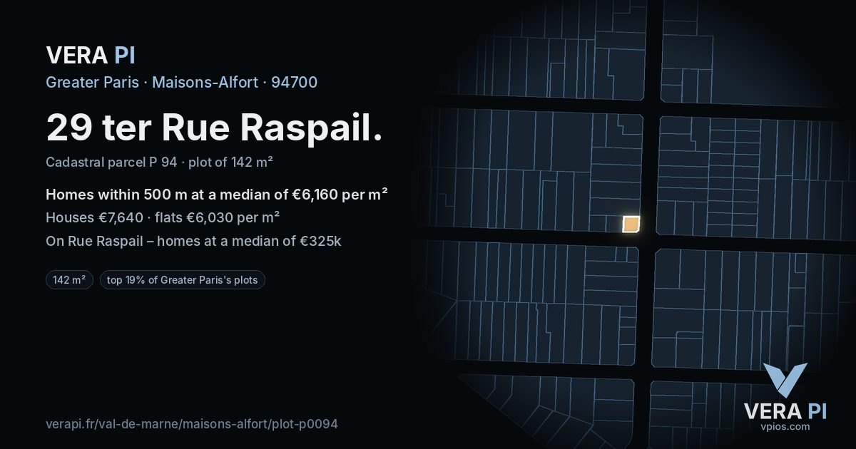 29 ter Rue Raspail, Maisons-Alfort at night – the plot lit, the parcels around coloured by the prices near them