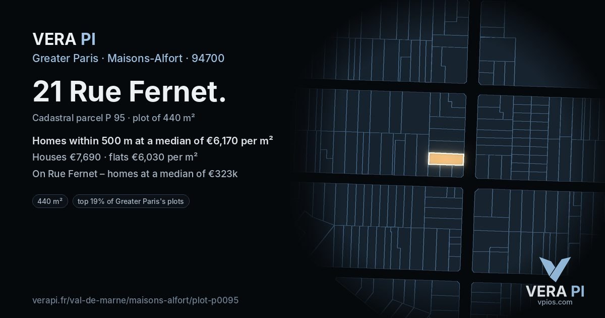 21 Rue Fernet, Maisons-Alfort at night – the plot lit, the parcels around coloured by the prices near them