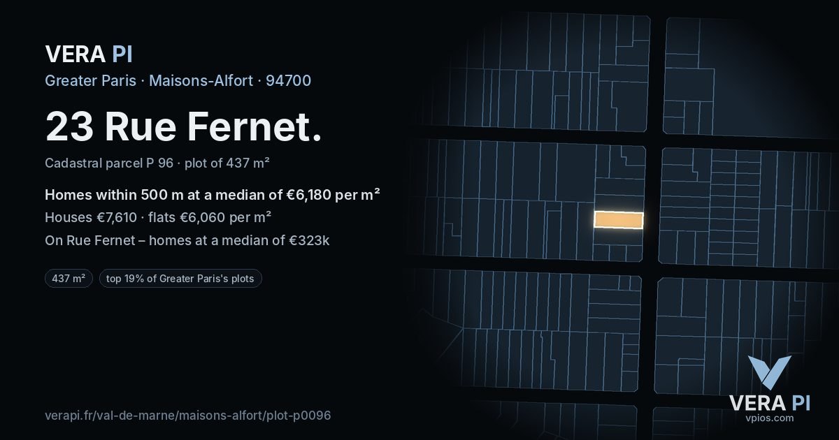 23 Rue Fernet, Maisons-Alfort at night – the plot lit, the parcels around coloured by the prices near them