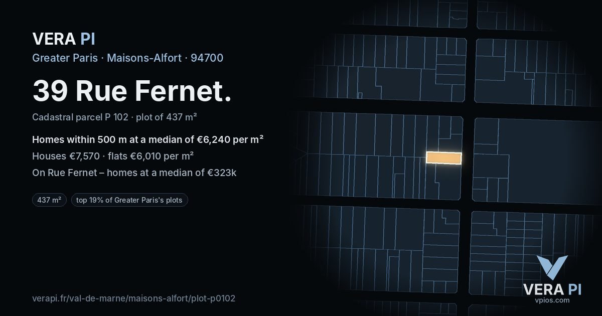 39 Rue Fernet, Maisons-Alfort at night – the plot lit, the parcels around coloured by the prices near them
