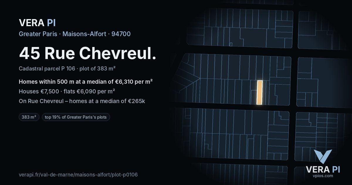 45 Rue Chevreul, Maisons-Alfort at night – the plot lit, the parcels around coloured by the prices near them