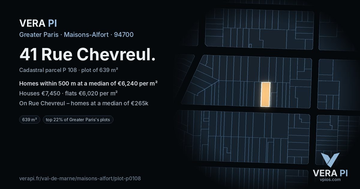 41 Rue Chevreul, Maisons-Alfort at night – the plot lit, the parcels around coloured by the prices near them